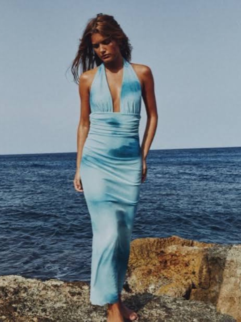 Zara size small like new Printed Tulle Halter Dress in shades of blue and green.